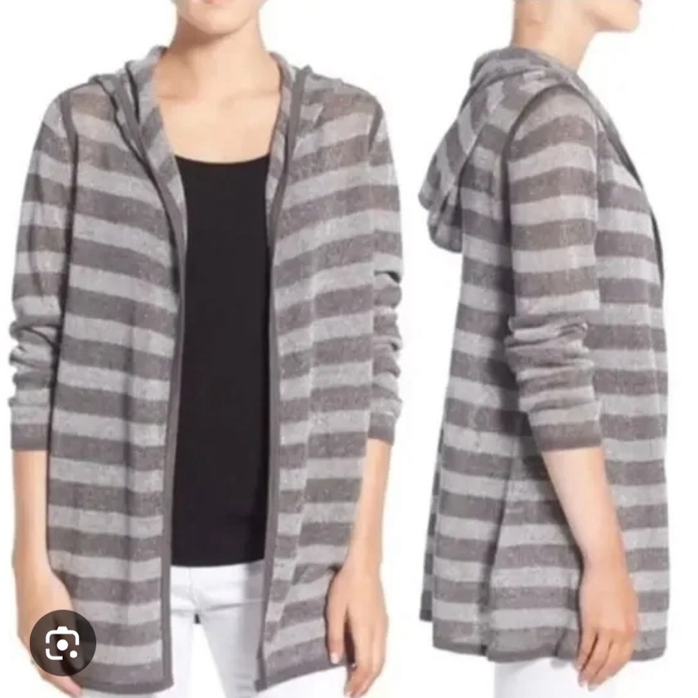 Eileen Fisher Heather Gray Hooded Cardigan 100 % organic Linen